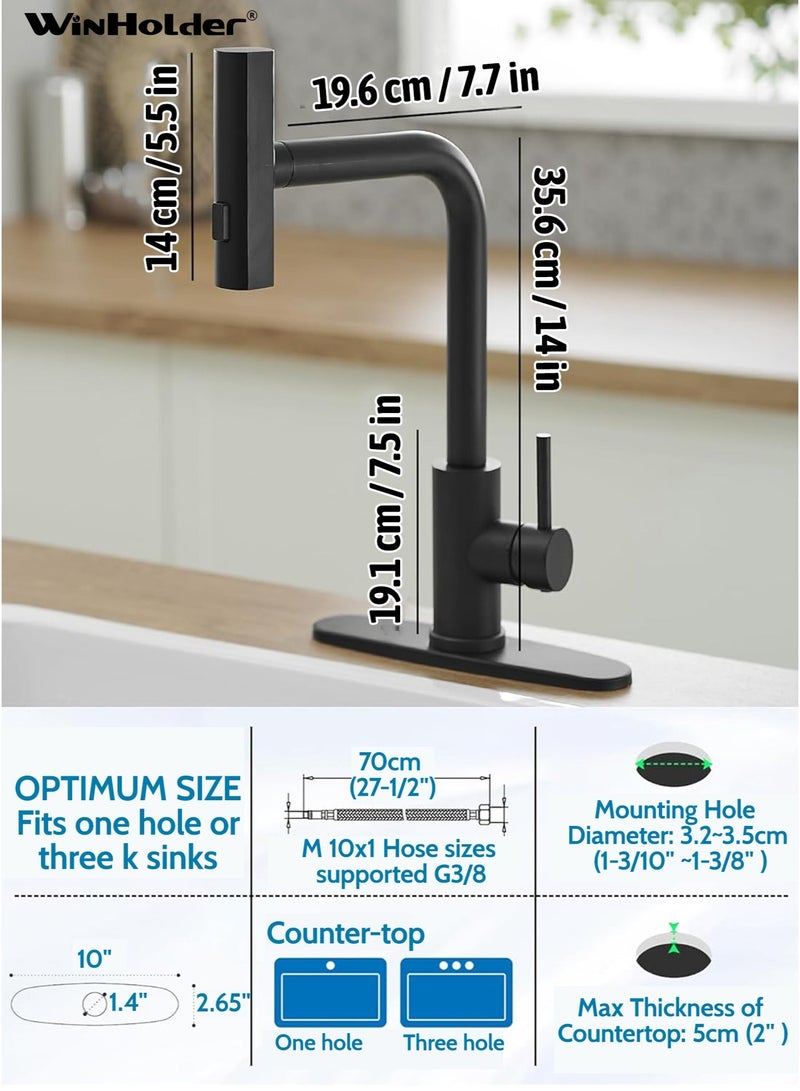 WinHolder 3 Function Sprayer Black Kitchen Faucets with Pull Down Sprayer, Waterfall Kitchen Sink Faucet, Commercial Utility Stainless Steel Kitchen Faucets, Single Handle Kitchen Sink Faucet with Pull Down - Image 5